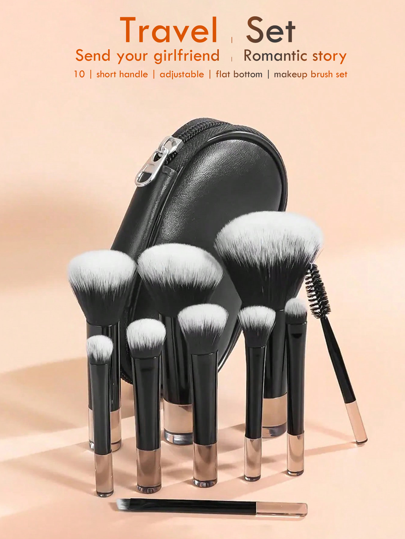 Set of 10 Black Short-handled Makeup Brushes with Storage Bag